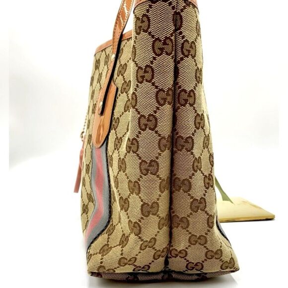 Auth Gucci Beige Brown GG Canvas Jolicouer Tote Bag Tan Patent Trim Sherry Line - Picture 4 of 16